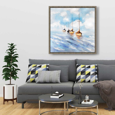 Voiliers dans la mer - Décor de toile encadré bleu