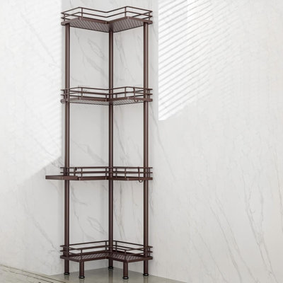 Étagère de douche d'angle sur pied - Organisateur de douche à 4 niveaux en acier inoxydable avec porte-savon et 4 crochets, bronze