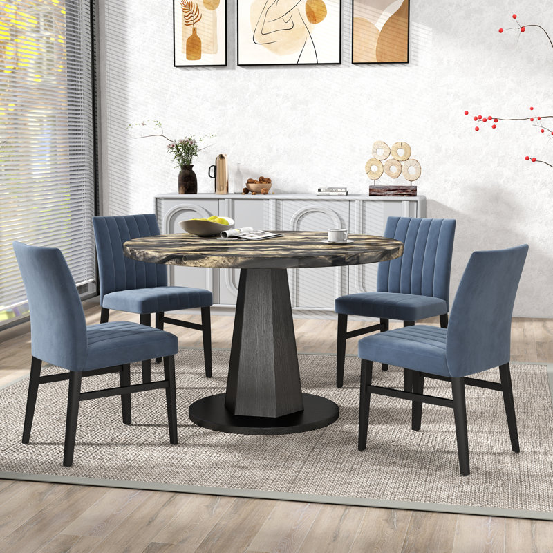  Ensemble de salle à manger moderne 5 pièces Cavira, bleu et doré avec quatre chaises Cavira, Bleu, Noir