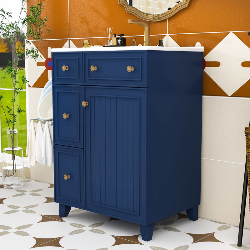 Meuble-lavabo compact avec lavabo en céramique 24 po, Bleu, Doré