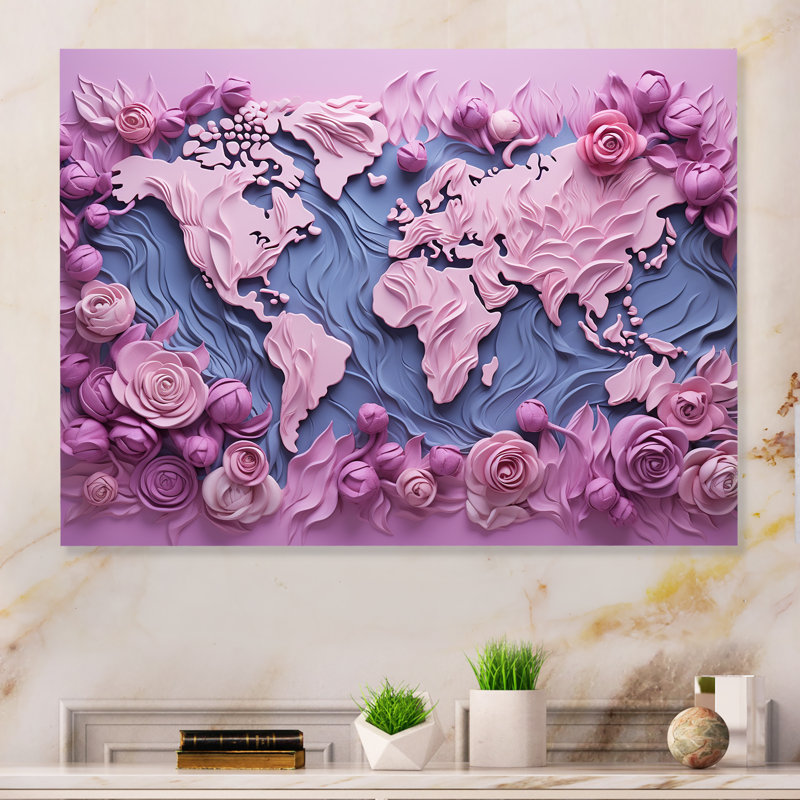 «Pink Whimsical Waters World Map I» sur, H 12 po x l 20 po