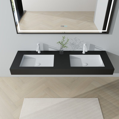 Lavabo de salle de bain double 59 po en résine rectangulaire avec trous pour robinet
