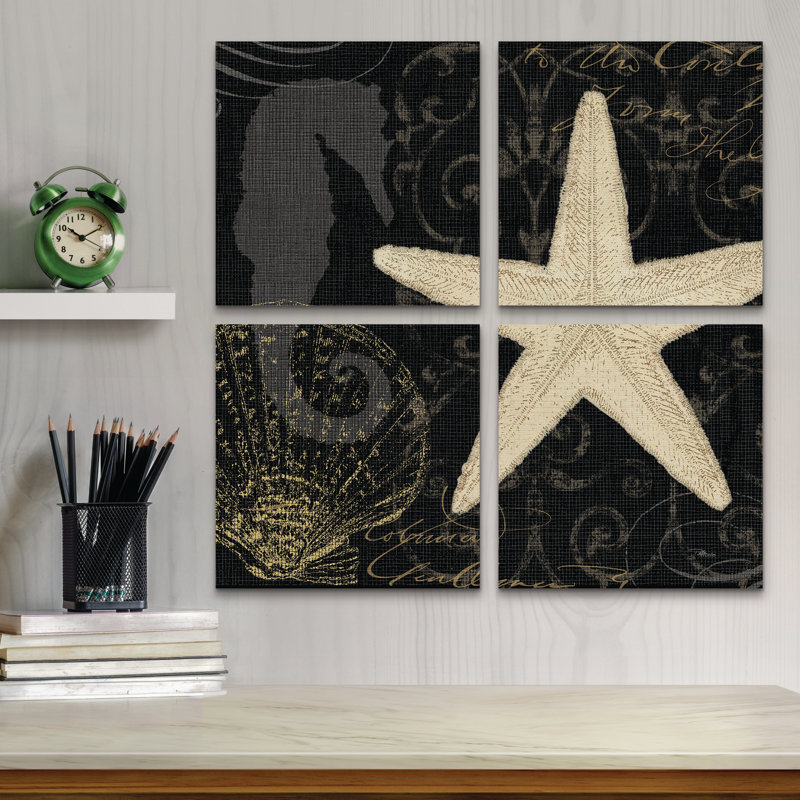 Ensemble de 4 panneaux muraux - Pela Studio «Coastal Moonlight I», art mural sur toile pour le salon, la chambre à coucher ou le bureau 