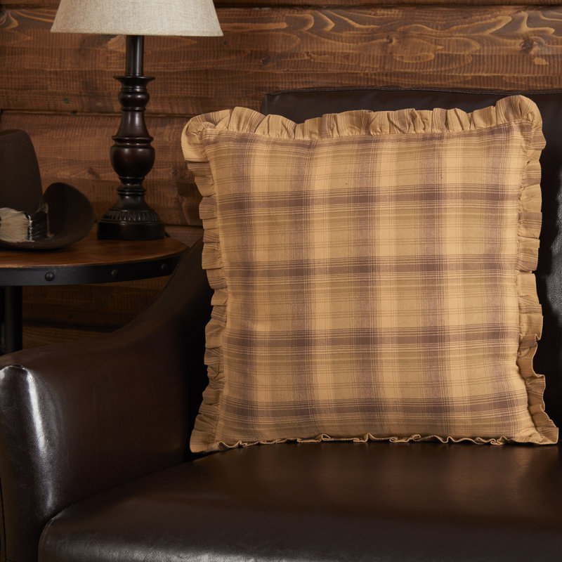 Prescott Tan and Brown Plaid Cotton Ruffled Square Pillow 16x16