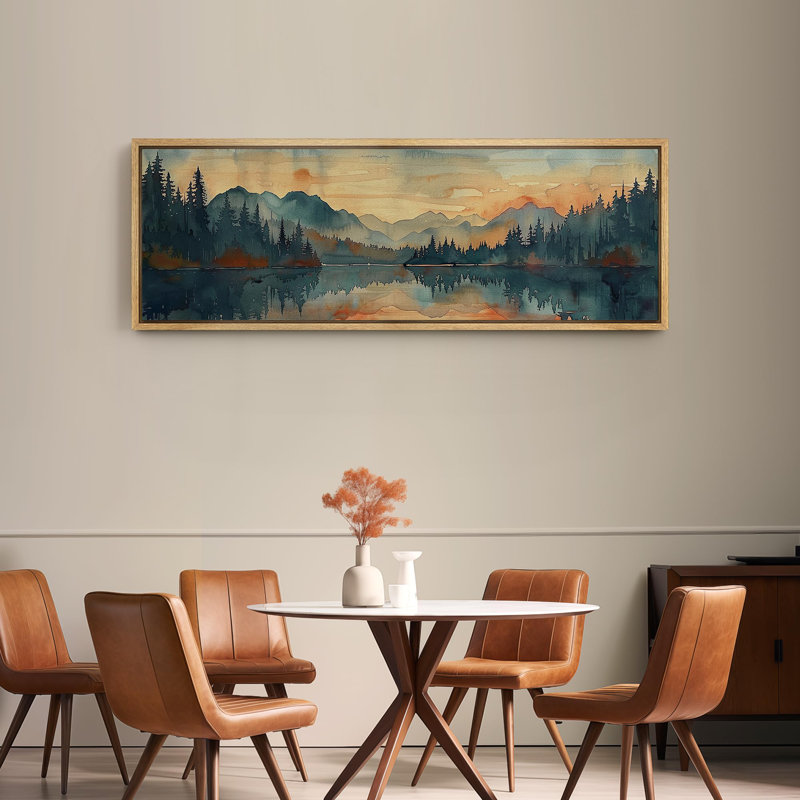 Abstract Landscape "Orange Green Peaceful Lake Forest Nature Extra Large Artwork Framed Wall Picture, 20" H x 60" W, Natural