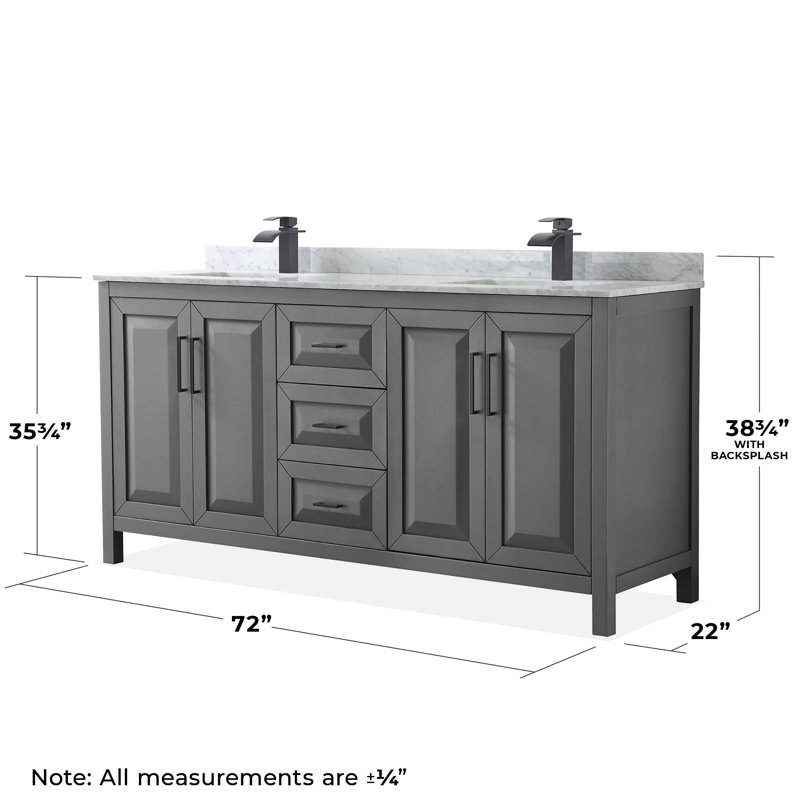 Daria 72'' W Double Vanity, White Carrara Marble, Dark Blue, Brushed Gold