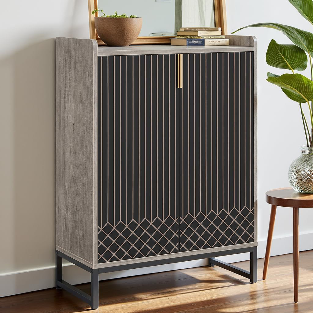 Farmhouse Shoe Cabinet With Barn Doors - 5-Tier Storage, 3 Adjustable Shelves, Metal Legs (White)