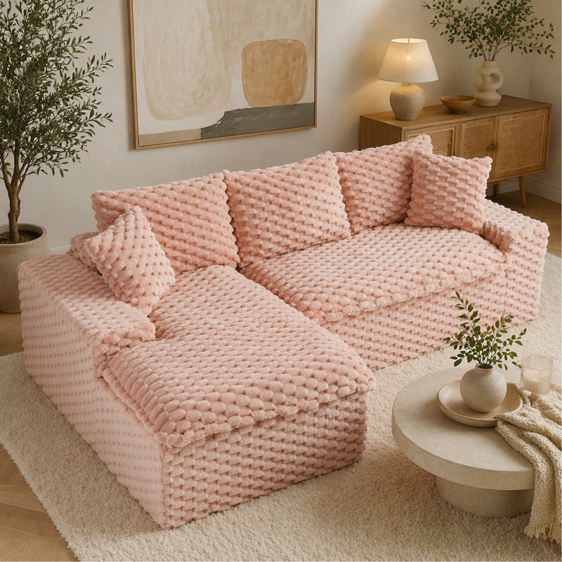 Canapé polyvalent en velours rose tortue: siège convertible à deux places avec méridienne gauche (chaise longue inclinable moelleuse pour les loisirs confortables), avec sièges en face à face, permutable entre la forme en L et la droite