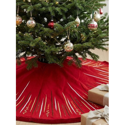 Jupe d'arbre de Noël perlée à la main en soie rouge - 60 po