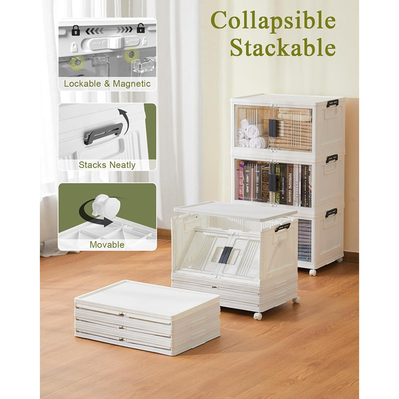 Bacs de rangement pliables verrouillables avec couvercles, roues et portes, organisateur pliable en plastique empilable pour placard et maison