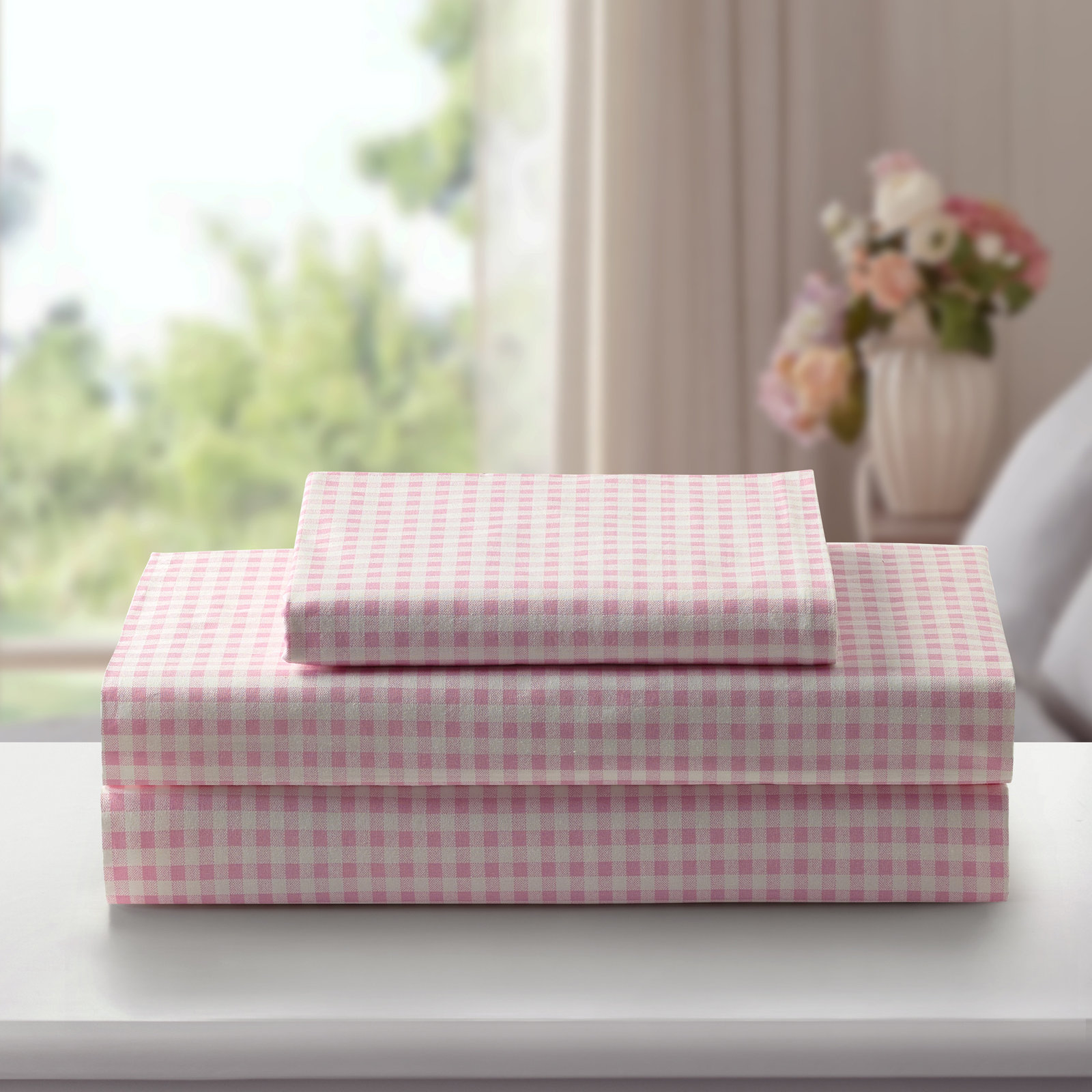 Gingham Cotton Sheet Set, Queen Sheet Set with 2 Standard Pillowcases, Pink