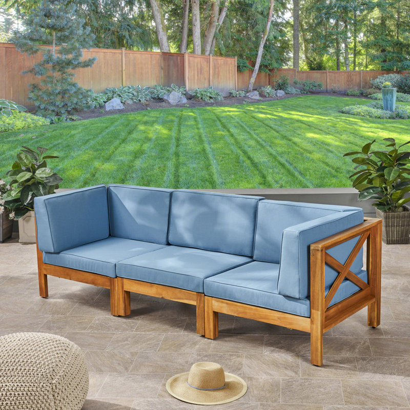 30.3'' Wide Wood Patio Sofa with Cushions, Teak Frame / Blue Cushion