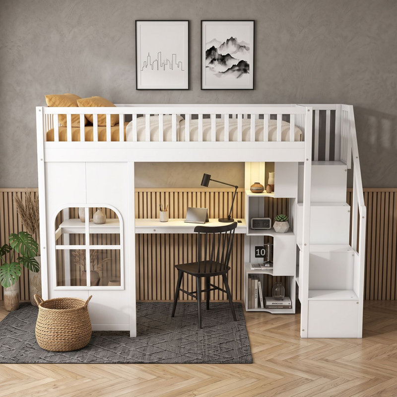 Lit mezzanine avec escalier de rangement, bureau, panneau de fenêtre décoratif et éclairage LED., Twin, White