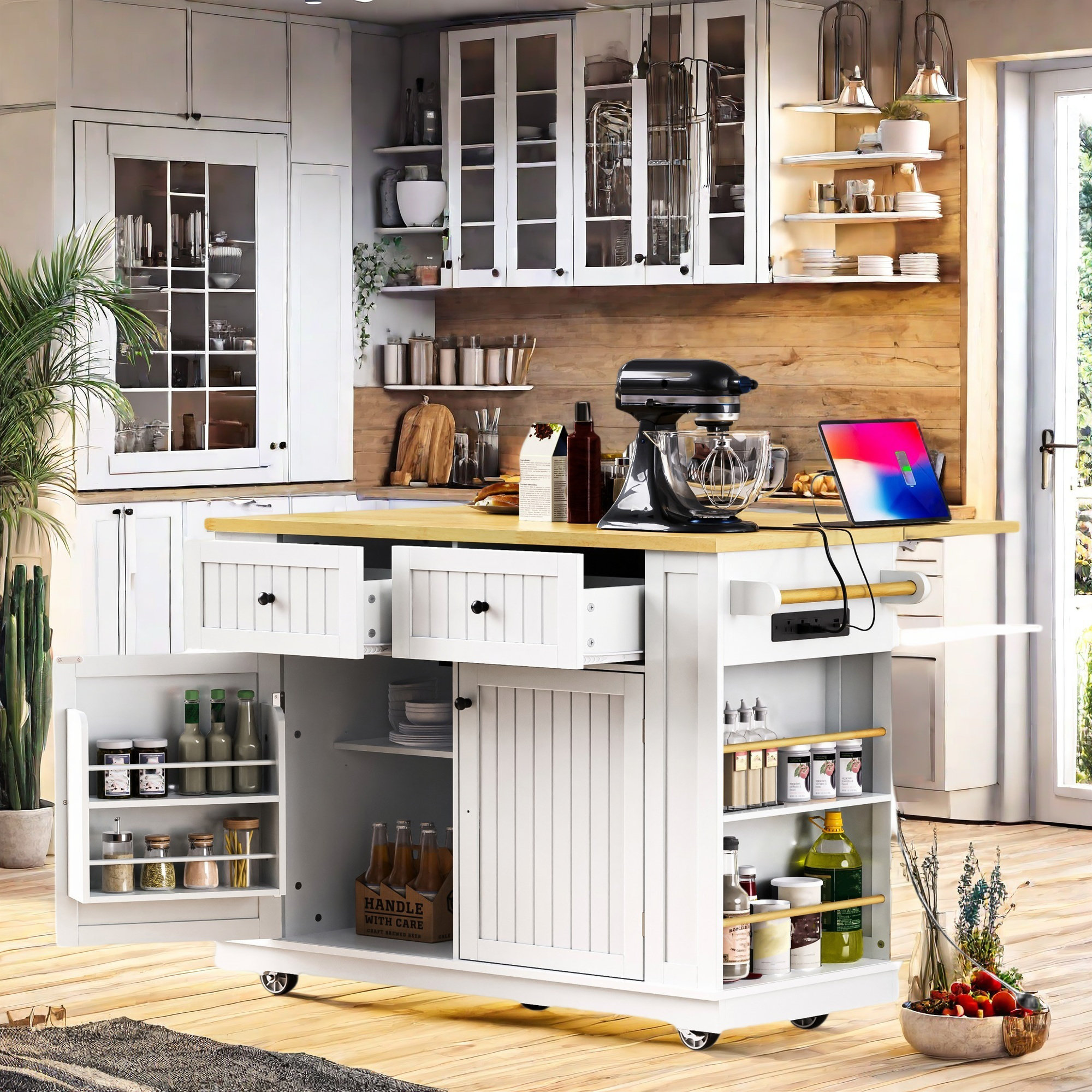 Lark Manor™ Large Rolling Kitchen Island With Drop Leaf, Power Outlet ...