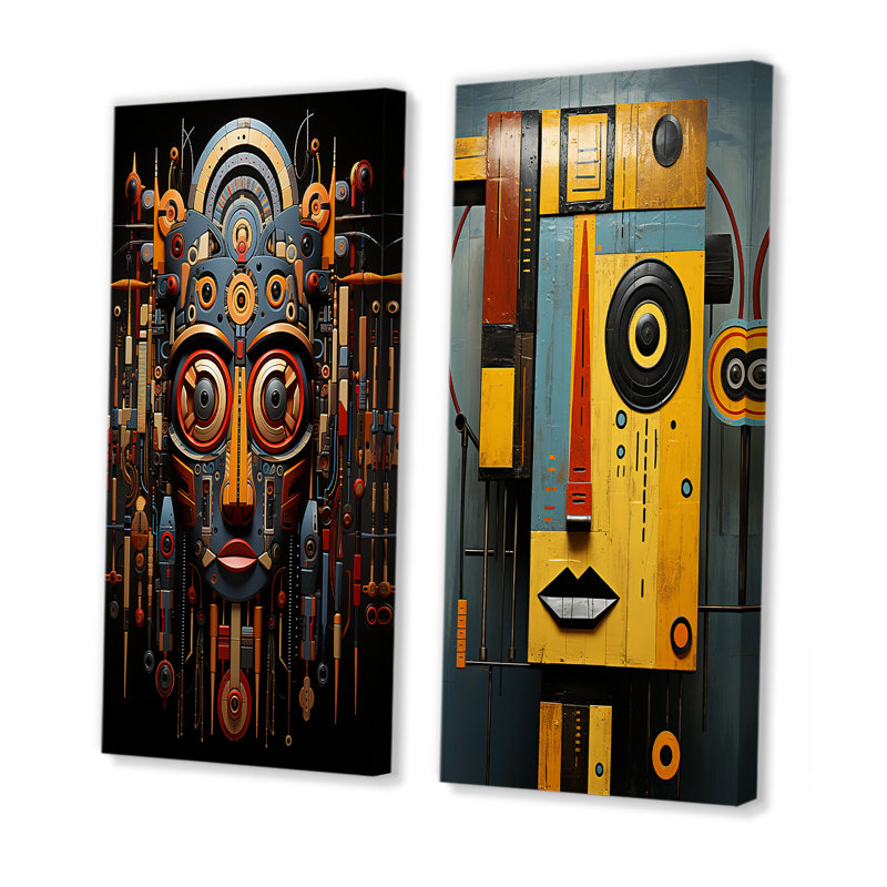 Ensemble de 2 masques jaunes sur toile - masque africain, Toile tendue, H 28 po x l 25 po