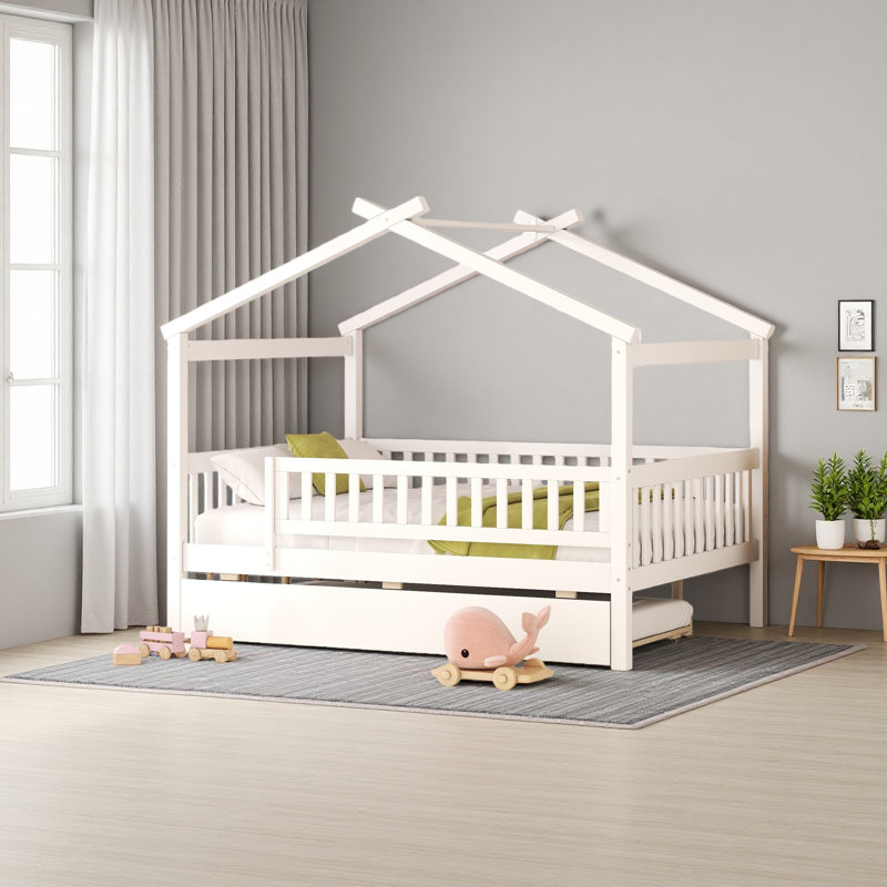 Lit en bois avec lit gigogne simple, Lit double, Blanc