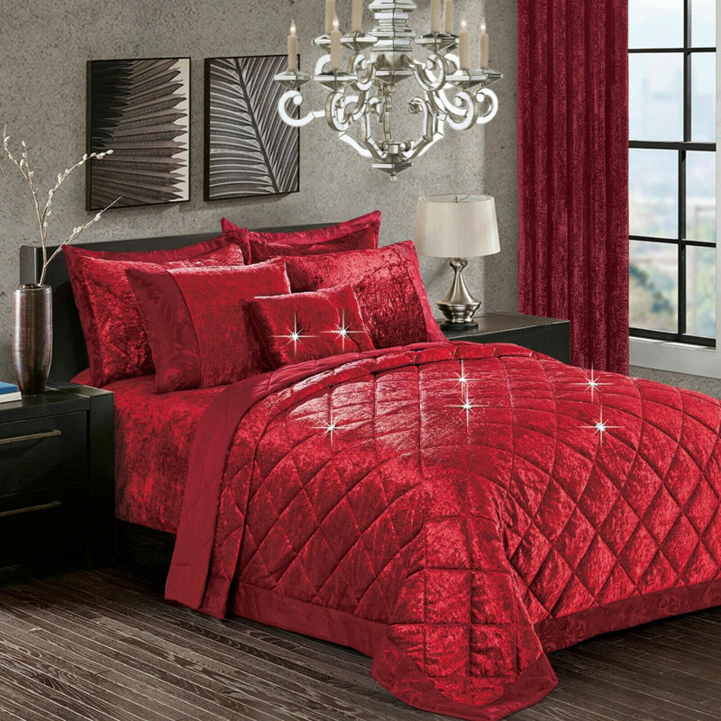 Santiago Crushed Velvet Bedspread Set Premium Soft Microfiber Reverse and Standard Pillow Shams, Red