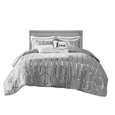 Full/Queen Comforter With Grey Base And Eye-Catching Silver Metallic Print Modern In
