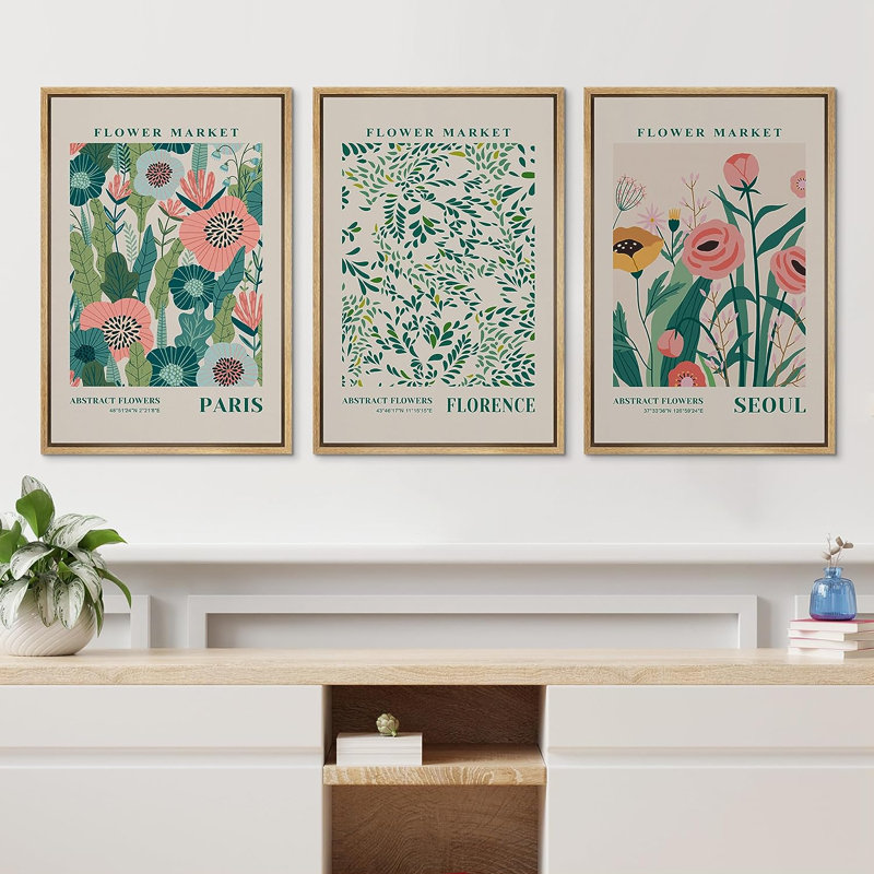 Classical Artwork Paris Florence Seoul Pastel Vibrant Abstract Flower Market Framed Canvas 3 Pieces Print Wall Art
