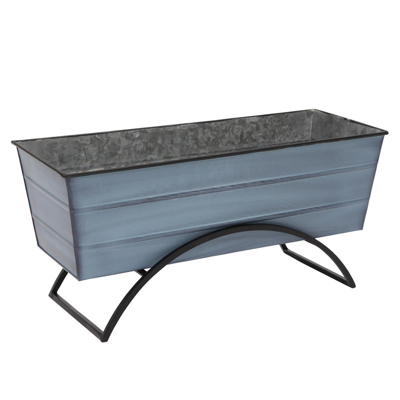 Medium Blue Galvanized Steel Planter Box with Black Iron Stand