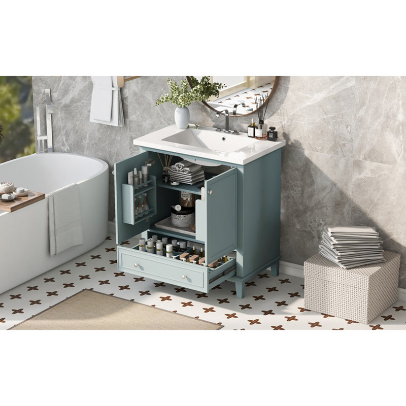 30" Multi-functional Bathroom Vanity Combo - Sink, Cabinet with Doors & Drawer, Solid Frame & MDF Board, Light Green