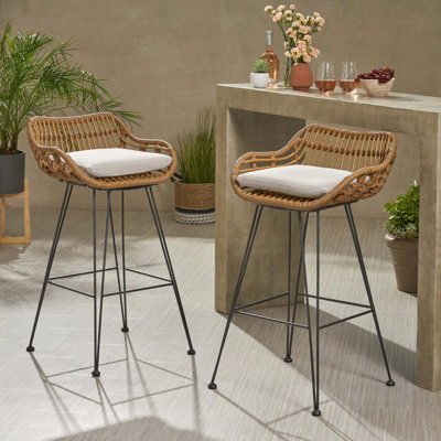 Wicker Bar Stool with Water-Resistant Cushion (Set of 2)