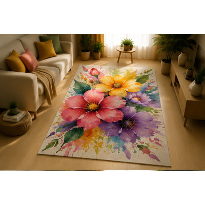 "Ultra Light Weight" 5' x 7' Vibrant Floral Splash Area Rug, Soft Low Pile Indoor Rug with Non-Slip Silicone Backing for Living Room, Bedroom, Office, Family Room, Nursery, Kids & Pets, Multicolor