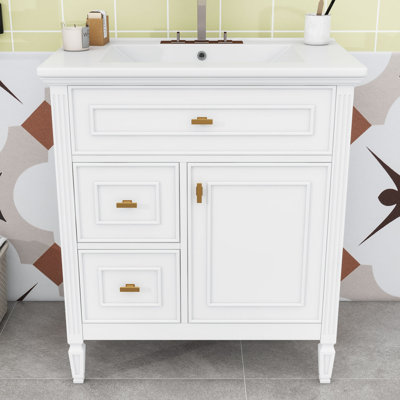 Wood Bathroom Vanity with Sink, Adjustable Shelf, One Flip Drawer and Two Drawers