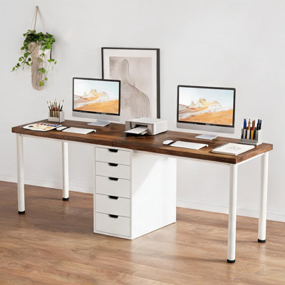 78.8-Inch Two-Person Computer Desk, Rectangular Wood Workstation with Drawers, Rustic Brown and Classic White