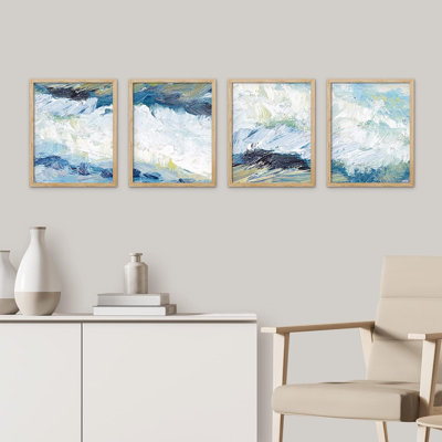 «Blue Ocean Waves», ensemble de 4 illustrations géométriques abstraites, encadrées sur papier, 4 pièces