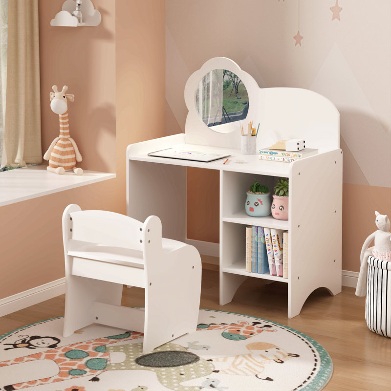 Kids Vanity Table With Mirror And Chair, Wooden Children's Dressing Makeup Desk With Storage Shelves, Study And Activity Table For Girls And Boys, Playroom Bedroom Furniture - White