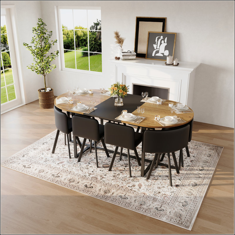 Ensemble de table de salle à manger 9 pièces avec plateau en grain de bois bicolore et 8 chaises en similicuir noir, Noir