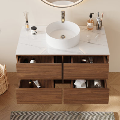 Meuble-lavabo mural moderne 36 po avec 4 tiroirs, comptoir en pierre frittée brillante, vasque ronde en céramique blanche, armoire en MDF