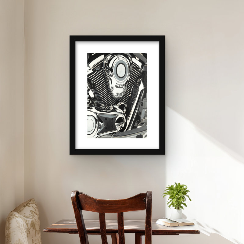 Motorcycle Engine - Gray Framed Matted Print for Home Decor