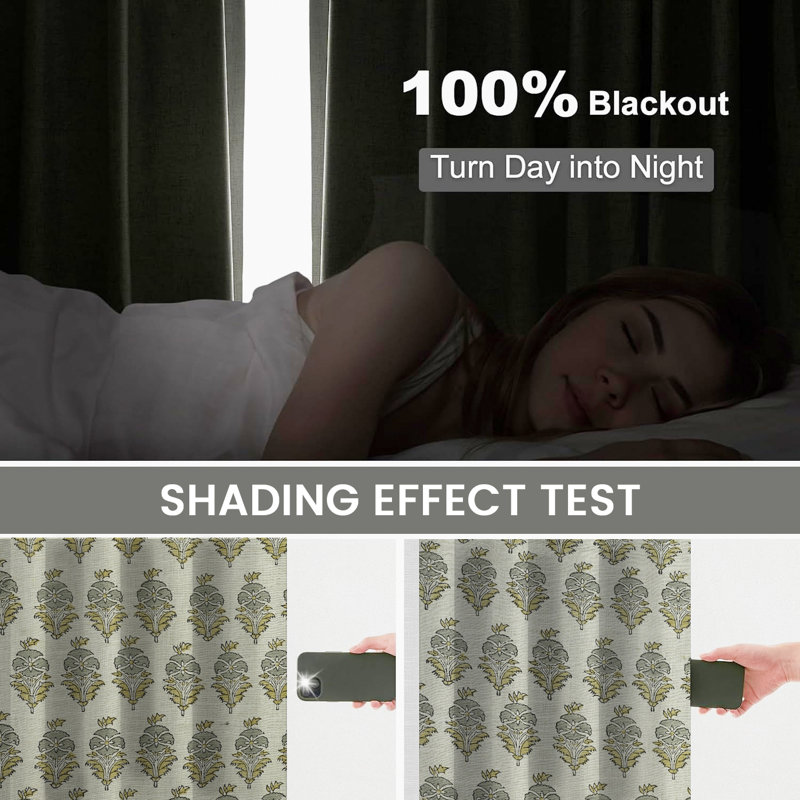Fabdivine 27x89 Inches, Gray or Brown Floral Pattern 2 Panel Set, Pinch Pleated Curtain Handmade Block Print Bohemian Soft Pure Linen Fabric with Blackout Kitchen, Room Darkening, Mor Mukut