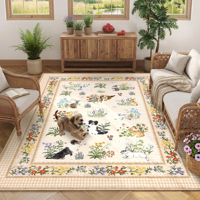 Tapis fantaisiste animal et floral - Tapis lavable, à poils courts, antidérapant pour salon, chambre de bébé, chambre d'enfant - riz, 8 x 10 pi (244 x 305 cm)