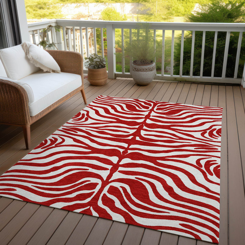Red and White Zebra Pattern Washable Synthetic Area Rug