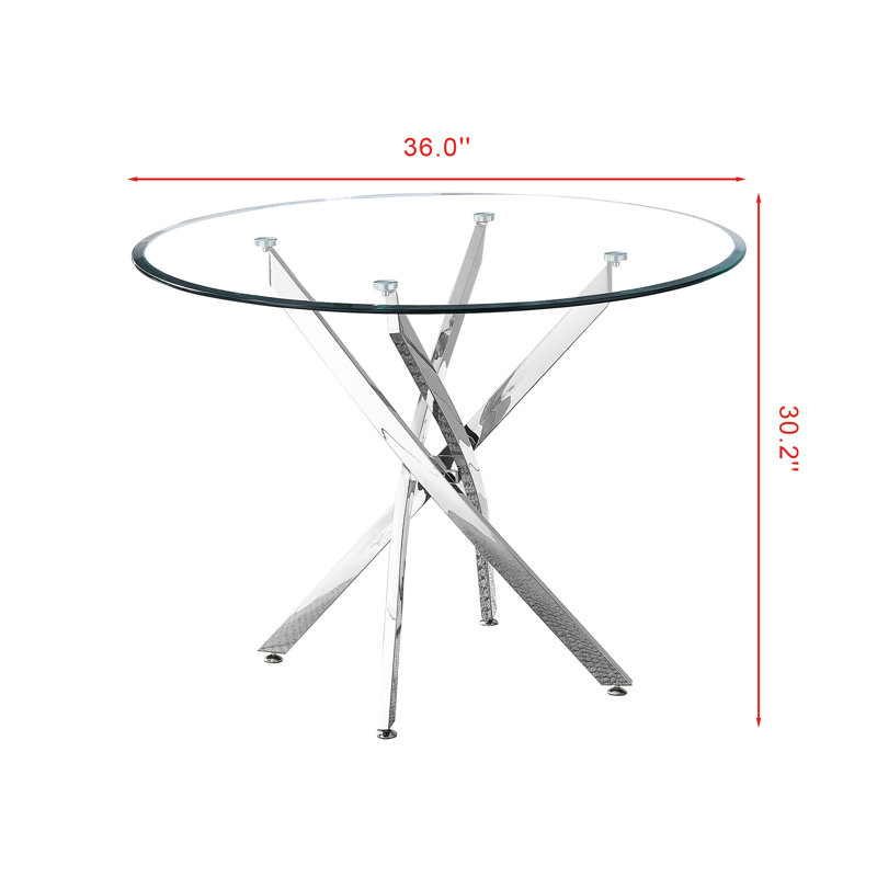 Table de salle à manger ronde contemporaine en verre trempé transparent avec pieds sculpturaux en acier inoxydable argenté et verre épais de 0,39 pouce, d'une hauteur de 30,1 pouces, pouvant accueillir quatre supports en métal, diamètre 36, assise confortable pour