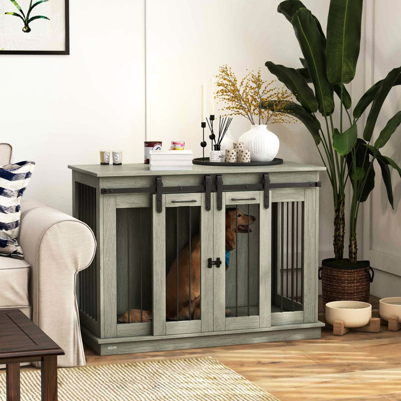 Grande / petite cage pour chien, l 47 po x P 23,5 po x H 35 po, avec cloison et style rustique, table de caisse de construction stable, L 23,5 po x l 34,83 po, gris, idéal pour les petits et grands chiens, finition lisse Nettoyage