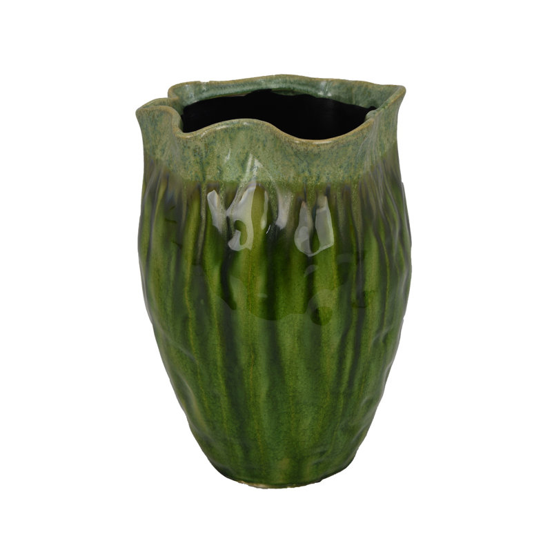 Pot à fleurs décoratif Ashly avec bordure festonnée, céramique texturée verte 11 pouces, H 10,5 po x l 7,25 po x P 7,25 po