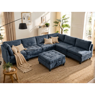 Canapé modulaire en chenille 7 pièces à assise profonde avec repose-pieds de rangement et canapé convertible 7 pièces