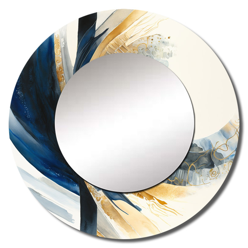 Phenicia Blue And Gold Swirl Abstract IV - Abstract Spirals Decorative Mirror, Modern Round Wall Mirror, Printed Metal Art