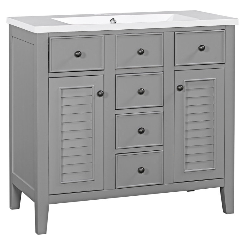 Meuble-lavabo autoportant simple avec plateau en céramique Milya, gris
