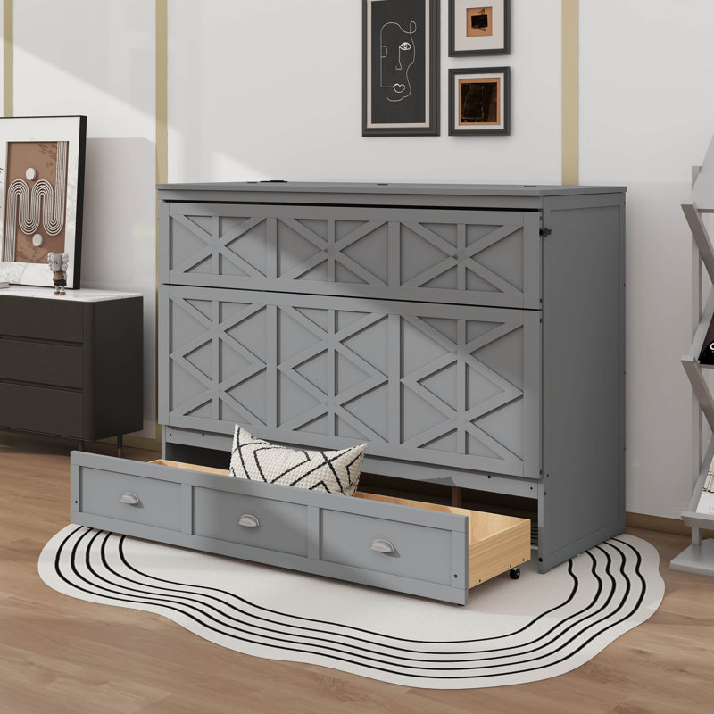 Grand lit escamotable avec grands tiroirs et port USB, Gris brossé