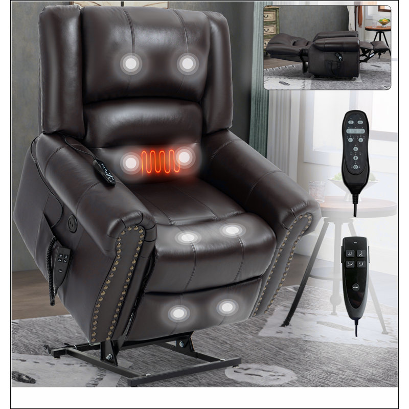 Power Lift Recliner Chair Heat Massage Dual Motor Infinite Position Up to 350 LBS, Genuine Leather, Brown