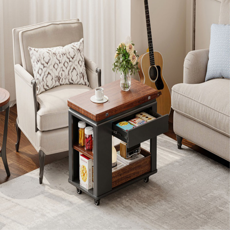 Table basse / table d'appoint moderne 27,6 po avec plateau pliable et roulettes, rangement à plusieurs niveaux, Noir / Noyer