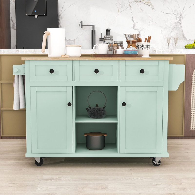 Modern Rolling Wooden Kitchen Cart with Storage Cabinets, Drawers and Drop-Leaf, Mint Green
