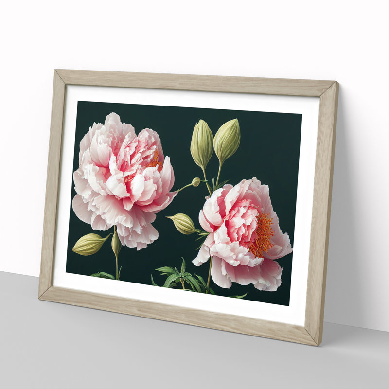Fascinating Peony Flowers - Single Picture Frame Print, 25cm H x 34cm W x 2cm D, Oak Framed