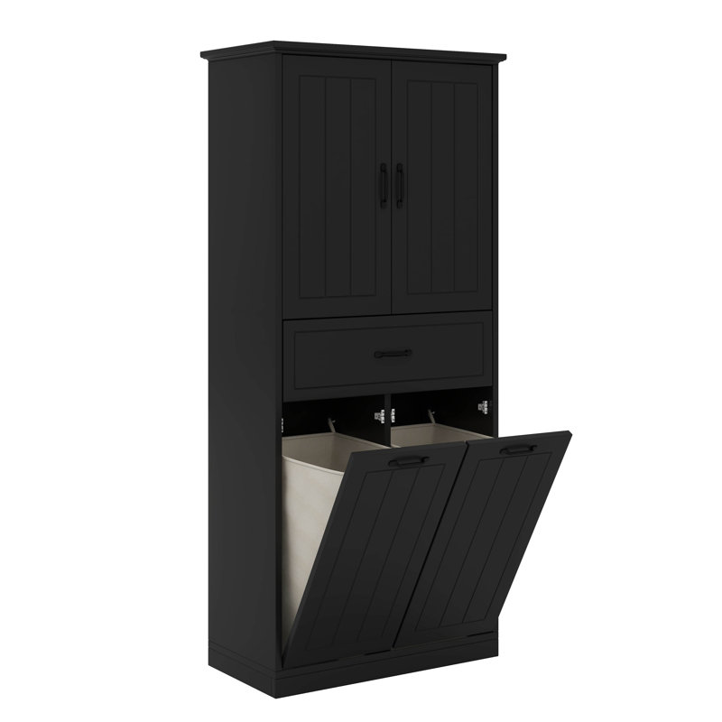 Double Tilt Out Laundry Hamper Cabinet, Tall Bathroom Storage Cabinet With Tilt Out Laundry Basket, Black