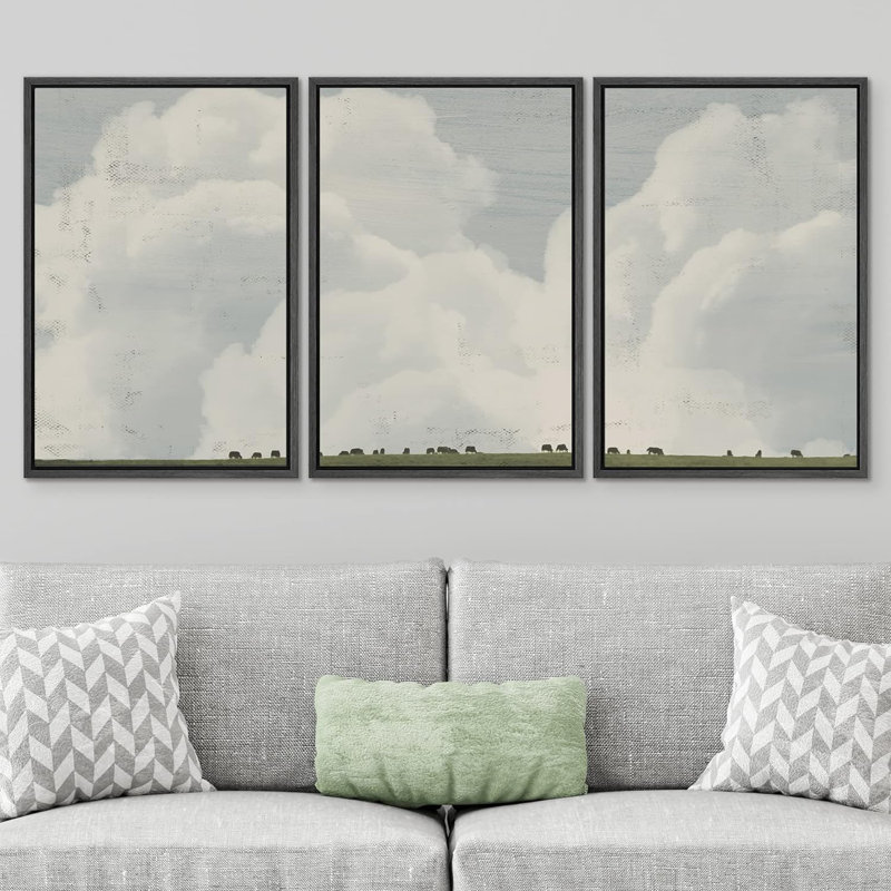 «Clouds Country Farm Cows», impression sur toile encadrée 3 pièces, Noir, H 24 po x l 48 po x P 1,5 po